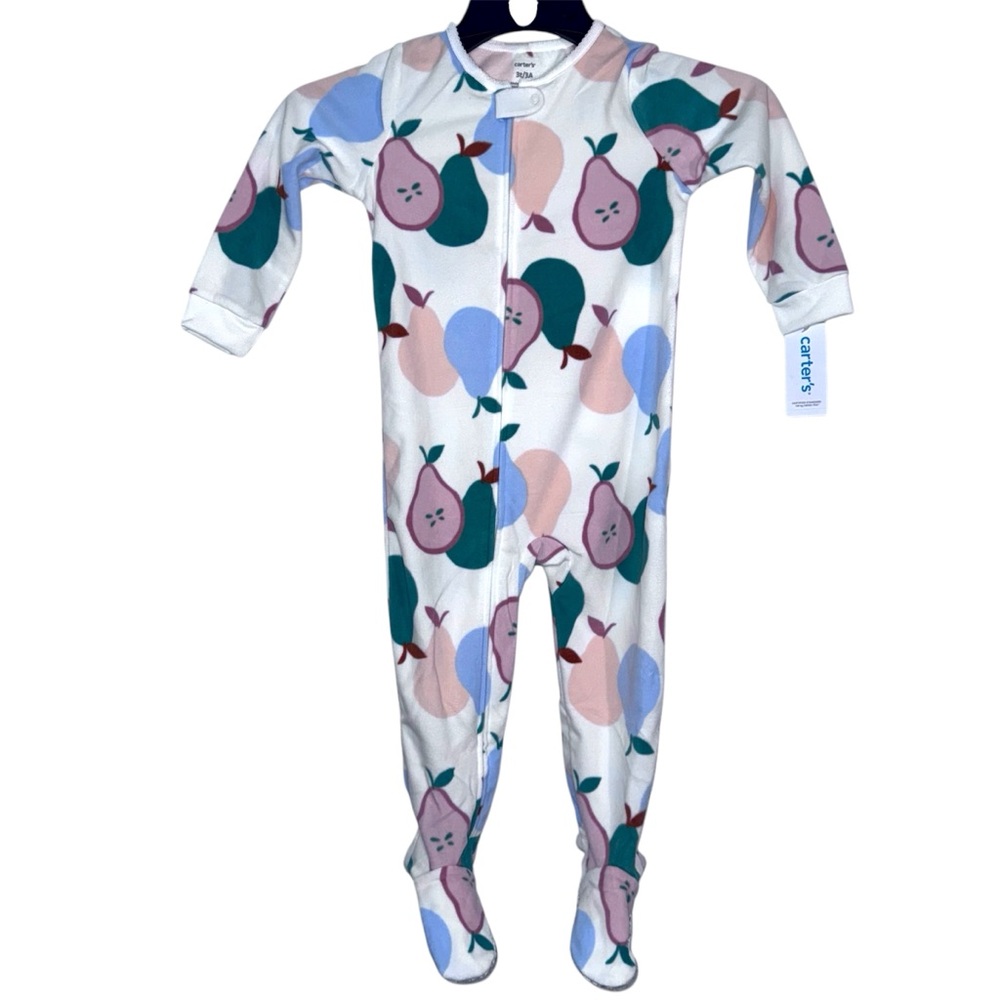 Carter's Sleeper Pajamas Girls Sz 3T White Pears Fleece Grippers Zip-up